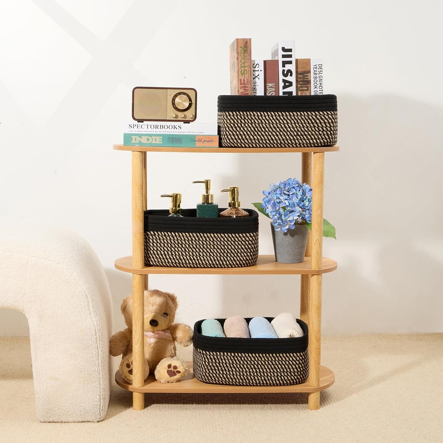 Small Storage Baskets for Organizing | Closet Organizer Bins | Shelf Toy Basket | Woven Rope Baskets | Cube Decorative Box | Shallow Basket | 13x8.5x5.1” | 3 Packs Black Brown