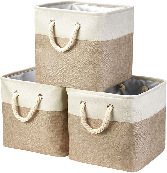 i BKGOO 3Pack Large Foldable Storage Bins，Collapsible Sturdy Cationic Fabric Organizing Storage Basket Cube with Cotton Handles for Home Office Shelf Clothes Toys White-Khaki 13×13×13 inch