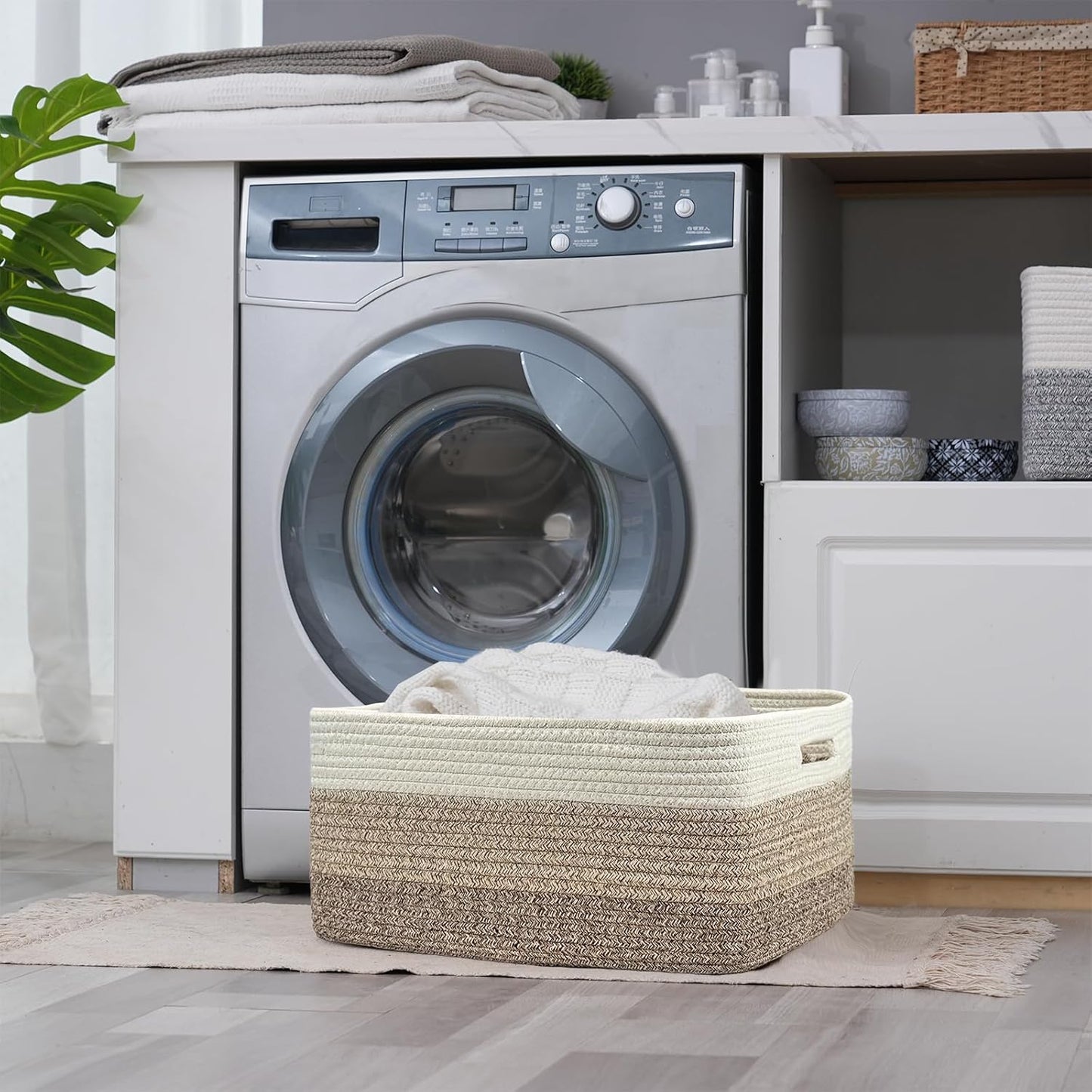 COMFY-HOMI Cotton Rope Woven Basket with Handles for Shelves,Toys,Book, Cloth Storage Baskets for Organizing-17" x 13" x 7.5" Toy Decorative Organizer for Living Room, Bathroom （white/3 brown）